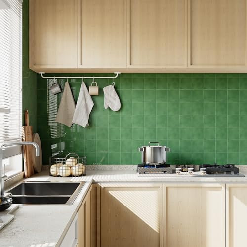 Yoillione Peel and Stick Tiles Kitchen: Self Adhesive Tiles Stickers for Walls - 10 Sheets Waterproof Thick Green Large Splashback for Bathroom