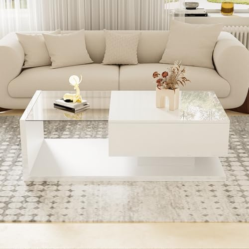 Physport Coffee table, white, Side tables, coffee tables with glass and LED, Elegant design, Practical storage space, Sturdy construction, 105 * 55 * 32.5cm