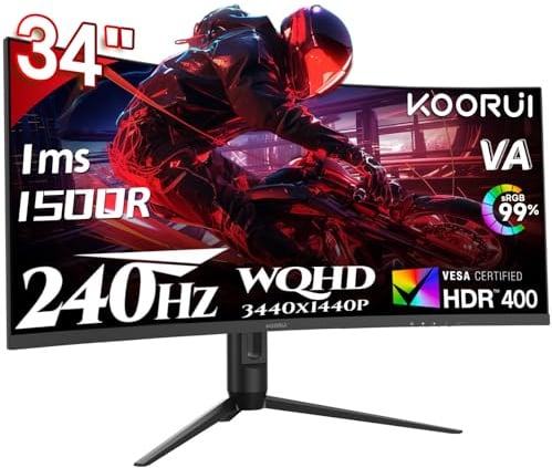 KOORUI 34 inch 240hz Ultrawide Curved Gaming monitor,UWQHD (3440x1440P) 1ms MPRT, 1500R,Adaptive-Sync,VESA,DP,HDMI,PS5 G3441XC