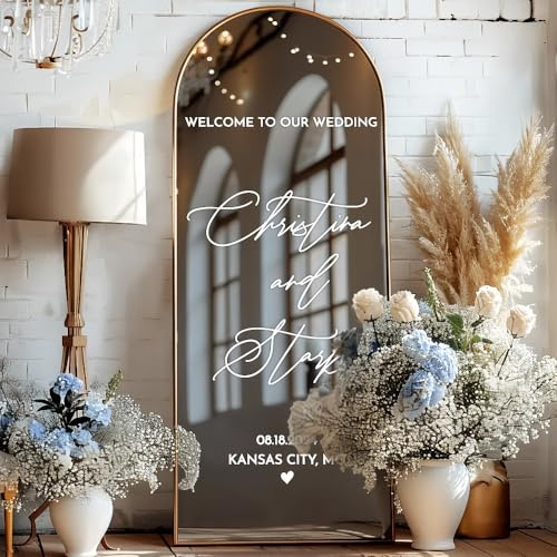 Panneau De Bienvenue Personnalisé Pour Mariage, Autocollant En Vinyle Miroir Personnalisable Avec Les Noms Des Couples, Date De Mariage, Art Mural Pour L'entrée, Décoration Photo(12x26inch)