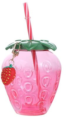 Drinking Cup, Strawberry Tumbler Mug Plastic Milk Cup, Milk Tea Juice Drink Bottle Straw Cup, Thickened Plastic Straw Cup Coffee Mug(Strawberry)