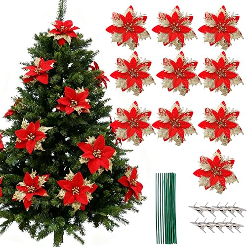 HanYun 10 Stücke Weihnachten Funkeln Weihnachtsstern Blumen mit 10pcs Kunststoff Rhizomen und Clips Künstliche Weihnachten Blumen für Weihnachtsblume Hochzeit Weihnachtsbaum (Rot)