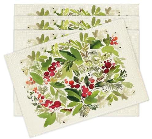 Set di 4 Tovagliette Natale 30 x 45 cm Sottopiatto Natalizio Lavabili Lino Tovaglietta Americane Natalizie Stoffa per La Colazione, La Cucina, Il Tavolo da Pranzo, Le Riunioni (Bacche rosse B)