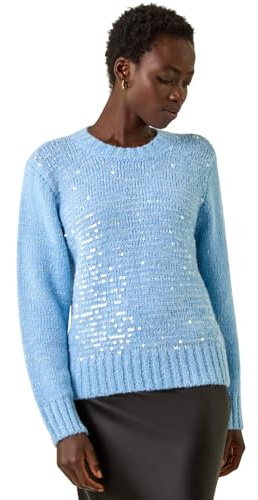 Roman Originals Women Sparkly Embellished Jumper Ladies Diamante Sequin Hotfix Winter Sweater NYE New Year's Eve Christmas Party Going Out Shiny Smart Work Pullover - Blue - Size 14