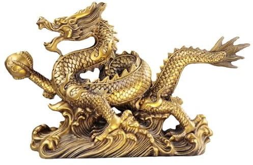 Qeunrtiy Messing Chinesischer Feng Shui Drachen Statue Goldener Drache Skulptur Ornamente für Reichtum und Erfolg Gute Glücksbringer Gifts