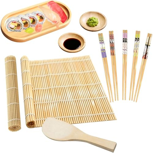 11PCS Sushi Making Kit, Beginner Sushi Mat for DIY Home Bamboo for Beginner | Set Includes Sushi Mat, Rice Shaker, Chopsticks, Sauce Plate, Wooden Tray, Reusable, 24 X 24 Cm