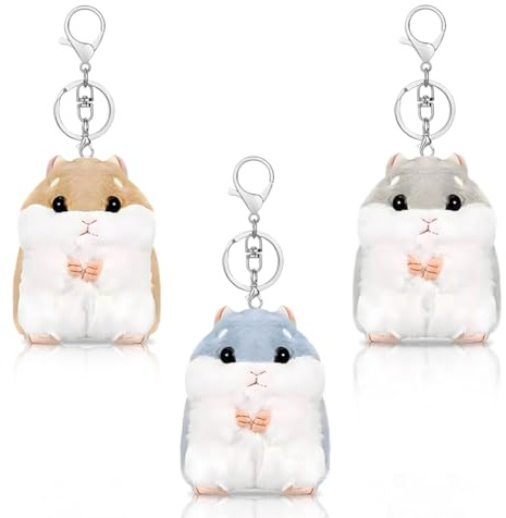 JhavexToy Plüsch-Hamster Schlüsselanhänger mit Silbernen Hummerhaken, 3 Stück Süße Multifunktions Tier-Anhänger für Taschen Rucksack Schlüssel, Weicher Hamster Plüsch Charm (Grau Blau Braun)
