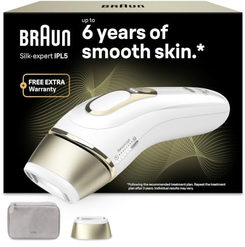 Braun Epilateur Lumiere Pulsee Silk·Expert Pro 5 PL5100, Blanc et Or | Alternative au Laser à Domicile, Filaire, avec Pochette, 1 Tête