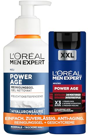 L'Oréal Men Expert Power Age Set: Anti-Aging Gesichtspflege für Männer mit Hyaluronsäure – Anti-Falten Gesichtscreme (100ml) & Feuchtigkeitsspendendes Waschgel (260ml) für trockene und müde Haut