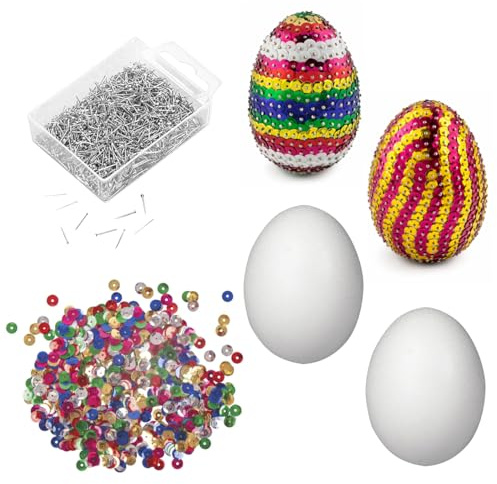 DIY Set Pailletten-Eier, Osterset, Geschenkset, 4 Styroporeier 8cm, 1 Pack Pailletten bunt sortiert, Stecknadeln 10mm