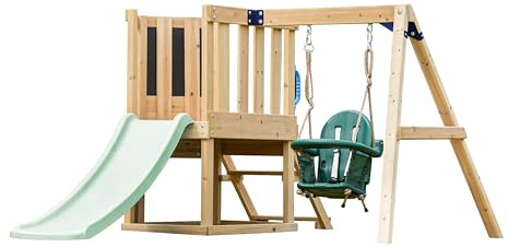 AXI Timo Mini Aire de Jeux - Toboggan Vert Pastel | Cabane pour Enfant avec Balançoire pour Bébé, Mur d'escalade et Tableau Noir | Structure de Jeux pour Le Jardin