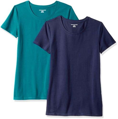 Amazon Essentials T-Shirt Ras-Du-Cou à Manches Courtes, Coupe Standard Femme, Lot de 2, Bleu Marine/Vert Sarcelle, XL