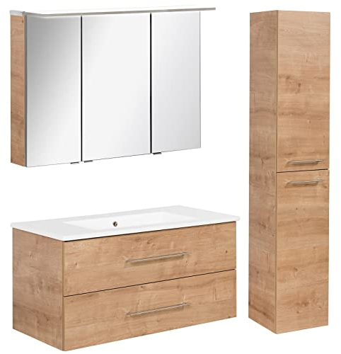 FACKELMANN braunes Badmöbel Set B.Perfekt 3-TLG. mit Waschtisch Unterschrank inkl. Keramikbecken hängend 100 cm & LED Spiegelschrank