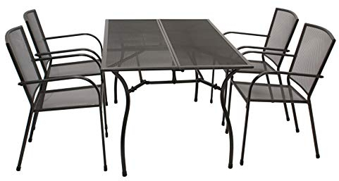 DEGAMO Gartengarnitur Classic 5-teilig, 4X Stapelsessel und 1x Tisch 90x150cm rechteckig, Streckmetall anthrazit beschichtet