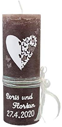 Hochzeitskerzen Rustik Schmetterling 190 x 68 mm mit Namensverzierung aus hochwertigen Wachsbuchstaben und Sichtkarton