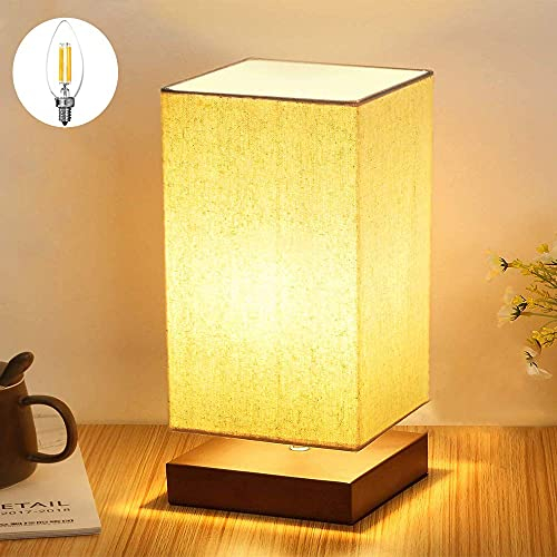 Tischlampe aus Holz Nachttischlampe Vintage Stehlampe Modern auf Tisch E27-Fassung mit EU-Stecker Warmweiß für Wohnzimmer, Kinderzimmer, Schlafzimmer, Esszimmer Eckig