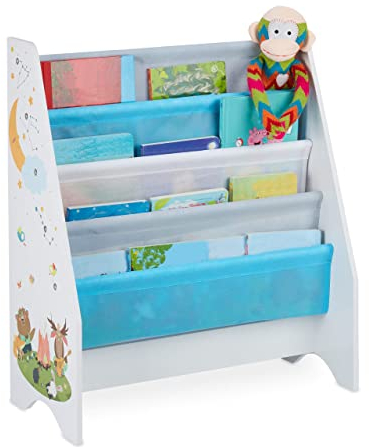 Relaxdays Scaffale Libreria Bambini, 4 Scomparti,Immagini di un Falò, per Bimbi, Dimensioni HLP: 71x62x29 cm, Colorato