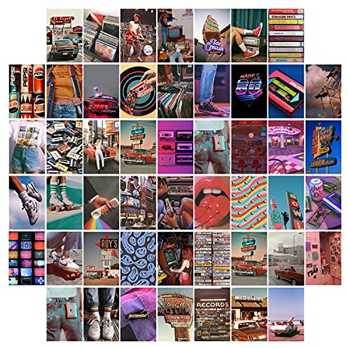 50 Retro 80er Jahre Ästhetisches Bild für Wandcollage, buntes Collage Set, Retro Raumdekoration für Mädchen, Wandkunstdrucke für Zimmer, Schlafsaal Foto Display, VSCO Wall Poster für Schlafzimmer
