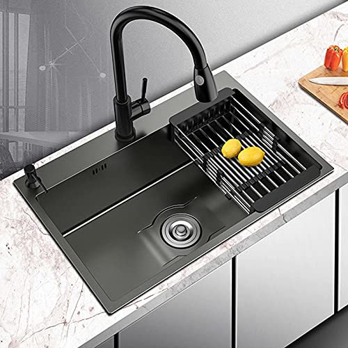 HGTRH Fregadero De Cocina con Grifo Incorporado, Fregadero Empotrado Grande, Fregadero INOX con Escurridor Incluyendo Rebosadero Y Juego De Desagüe Fácil De Limpiar, para Restaurante,Bar