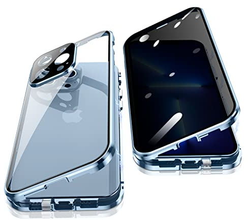 Jonwelsy Anti Peeping Case for iPhone 13 Pro Max, 360 Degree Front and Back Privacy Tempered Glass Cover, Anti SPY Screen, Anti Peep Magnetic Adsorption Metal Bumper for iPhone 13 Pro Max (Blue)