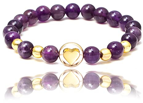 JJDreams Bracelet de Pierres Naturelles Cristal Violet Bracelet de Perles Elastique 8MM Or Cœur Idée cadeau pour Femme