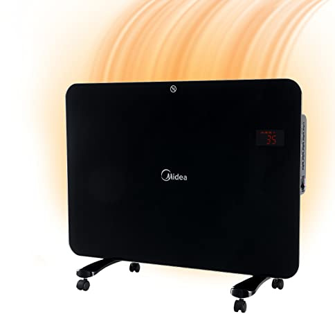 Midea NDK15-15MR Stufetta Elettrica Basso Consumo Termoconvettore Vetro 1500W, Caldo Bagno Impermeabile IPX4 con Rotelle Portatile, Termoconvettore a Parete con Termostato, Timer 24h, Nero