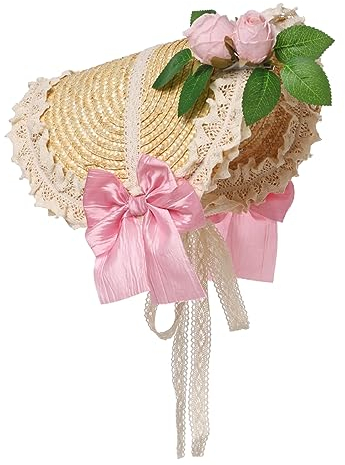 COSDREAMER Niñas Mujeres Victorian Bonnet Tea Party Sombreros Flores Sombrero de Paja (Rojo Vino)
