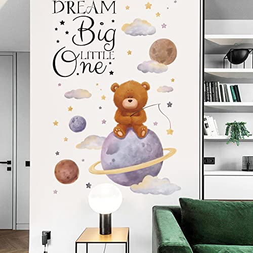 Runtoo Wandtattoo Bär Weltraum Wandsticker Sprüche Dream Big Little One Wandaufkleber Babyzimmer Kinderzimmer