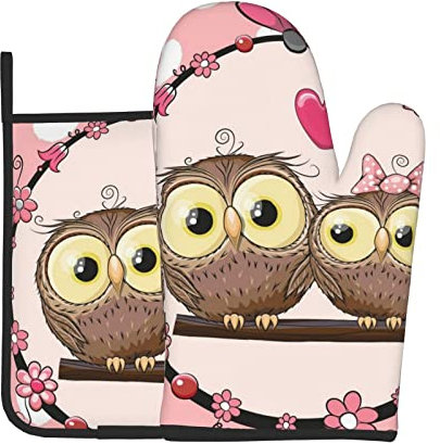 Hitzebeständige Ofenhandschuhe und Topflappen, 2er-Set, niedliche Eulen, bedruckt, rutschfest, wasserdicht, zum Backen, Kochen, Grill, 2 Stück