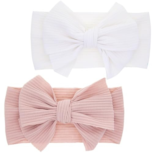 LABUYI 2 Pezzi Fascia Elastica, Accessori Neonata, Fascette Per Capelli Per Fiocchi, Regalo Per Bambini Per Foto,Bianco,Rosa