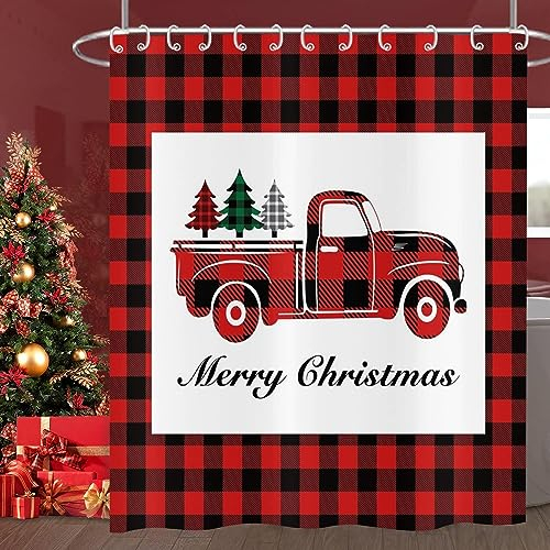 GCIREC Weihnachten LKW Duschvorhang, rot schwarz Büffel Check Plaid Weihnachten LKW Laden Tannenbäume Bauernhaus Badezimmer Vorhang wasserdicht Stoff Maschine waschbar mit 8 PCS Haken,120x180cm