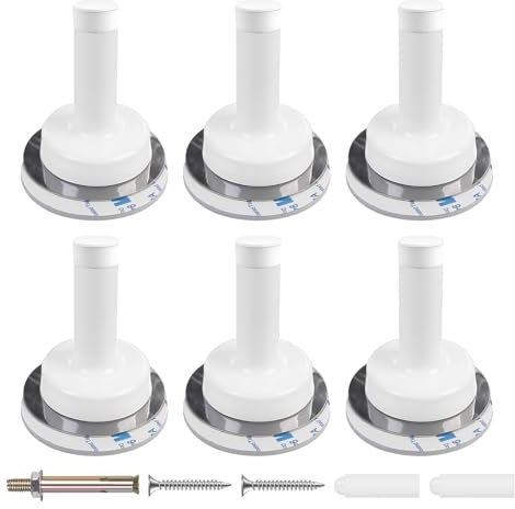 6 Pack Self Adhesive Door Stop, White Door Stoppers for Skirtings Wall Mounted Door Stops with Noise Dampening Rubber, Doorstops Indoors, 3-in-1 Installation Door Stopper for Wall