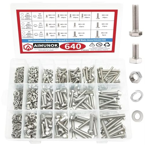 AIMUNOK 640-teilig Edelstahl Schrauben Set 304 M4 M5 M6 mit Muttern Unterlegscheiben für Heimwerker Möbel Maschinen