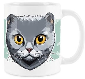 Purely Home Scottish Fold Cat Mug - Cartoon Fun Novelty Gift for Cat Lovers - Tea/Coffee Ceramic White Cup