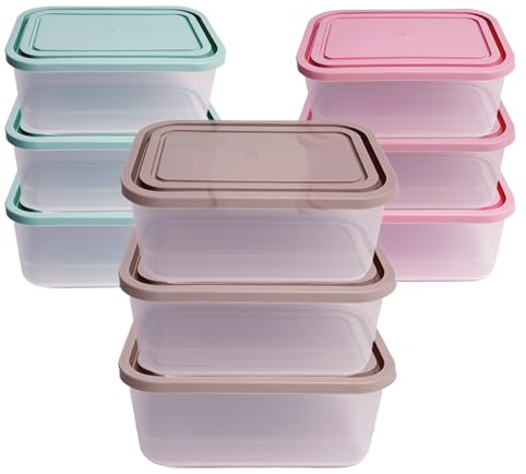 TUKA - Juego de 9 Herméticos de 1 Litro (1000 ml), tupper de Plástico Rectangulares, con Tapa de Silicona Resistente, Apto para Lavavajillas Microondas y Congelador (9 x 1000 ml) Económicos
