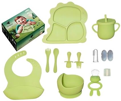 CERAGUI Vajilla Bebé 11 Piezas - Plato Silicona Con Ventosa, Vaso Aprendizaje, Cubiertos, Babero - Set Infantil Completo
