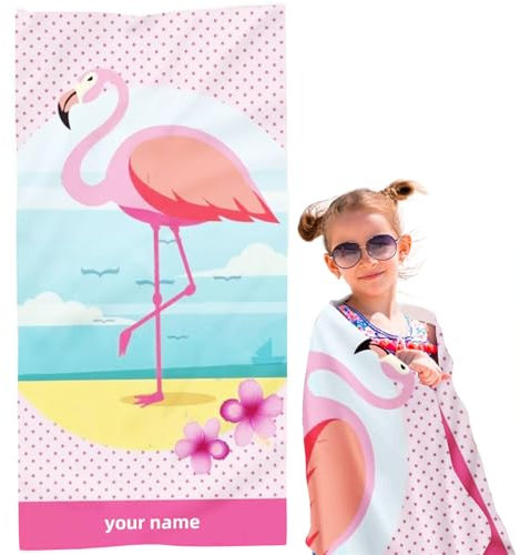 FABTOP Serviette de plage flamant rose personnalisable avec nom, grande serviette de plage en microfibre avec nom - Serviette de bain - Serviette de plage pour garçons et filles (1,40 x 80 cm)
