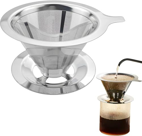 Pour Over Coffee Dripper, Slow Drip Paperless Coffee Filter, Stainless Steel Reusable Filter, Double Mesh Design of Manual Reusable Cone Filter, Coffee Maker Dripper for 1-2 Cup