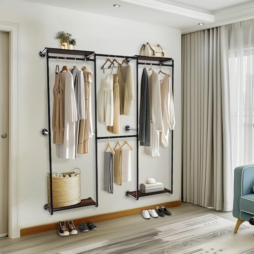unho Industrial Pipe Clothing Rack: Wall Mounted Clothes Hanging Rail with Storage Shelves for Bedroom Shop