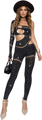 SONHWIL Sexy jumpsuits damen Transparent Mesh Spitze Hohl Strass Stil High Stretch Festival outfit, Einheitsgröße