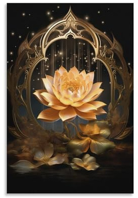 AEMYSKA Glam Golden Lotus Wandkunst für Wohnzimmer, Fantasie, natürliche Pflanzen, Gemälde auf Leinwand, Wandkunst, Poster für Heimdekorationen, Wanddekoration, 20 x 30 cm (B x L)