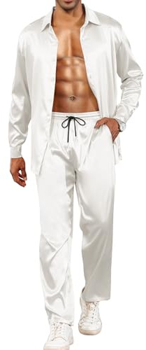 Babioboa Herren Trainingsanzug Seid Satin Set Hippie Knopfleise Hemd Langarm und Lassig Strand Hosen Yoga Outfits(Weiß,XXL)