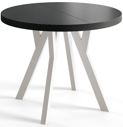 AlpiMeble Runder Esszimmertisch OVO, ausziehbarer Tisch Durchmesser: 80 cm bis 130 cm, Wohnzimmertisch Farbe: Schwarz, mit Holzbeinen in Farbe Weiß