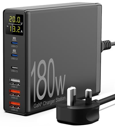 USB Charging Station, Sanicata 180W 6-Port USB C Charger for Multiple Devices, GaN USB Charging with LCD Display, Multiport USB Charger Block for iPad iPhone Galaxy Android-black
