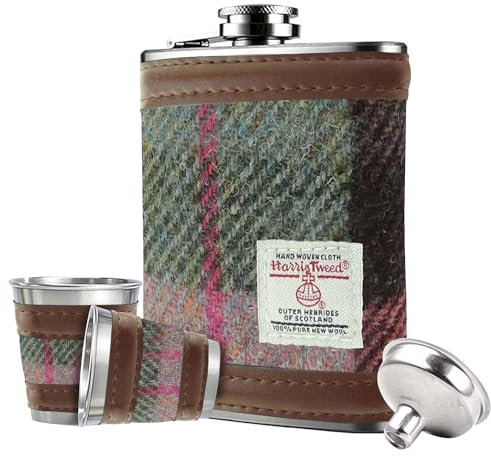 BRAW CLANS TARTANS Gift Box - 6oz Harris Tweed Hip Flask, Shot Glasses, Pour Funnel, Coaster, Keyring – Stainless Steel Tartan Liquor flasks for Men - Leak Proof lid (Green & Rose Pink)