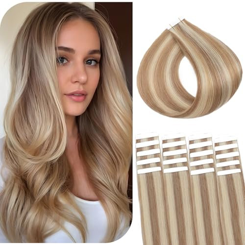 Benehair Tape in Extensions Echthaar, Invisible Tape Extensions Echt Haar, 20Pcs 30g Haarverlängerung Echthaar Tapes, Remy Natural Tapes Extensions Echthaar, 50CM Hellbraune Gemischt Helle Blonde