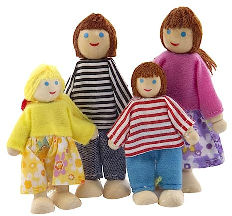 PHENOFICE 4-teiliges Holzpuppen-Set Puppenfamilie Für Kinder Spielzeug Für Minihaus Rollenspiel-Figuren Aus Holz Für Jungen Und Mädchen