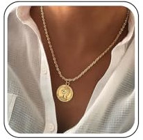 Inateannal Boho Coin Medallion Pendant Necklace Gold Twist Rope Chain Chunky Disc Chain Necklace Portrait Choker Jewelry for Women