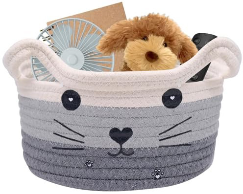 inheming Cestino portaoggetti a forma di gatto, Cesto portaoggetti per bambini in cotone, Scatola Portaoggetti in Cotone per Gatti,Portaoggetti Intrecciato in Corda di Cotone 21*12cm
