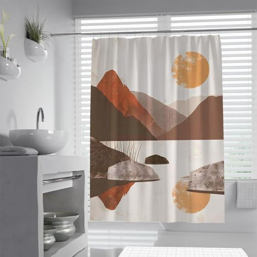 BYLEEHOMED Mid Century Rideau de Douche étanche Boho Lever de Soleil Abstrait Terracotta Mountain Hotel Grade Ensemble de Rideaux de Salle de Bain avec Crochets L180xL240cm
